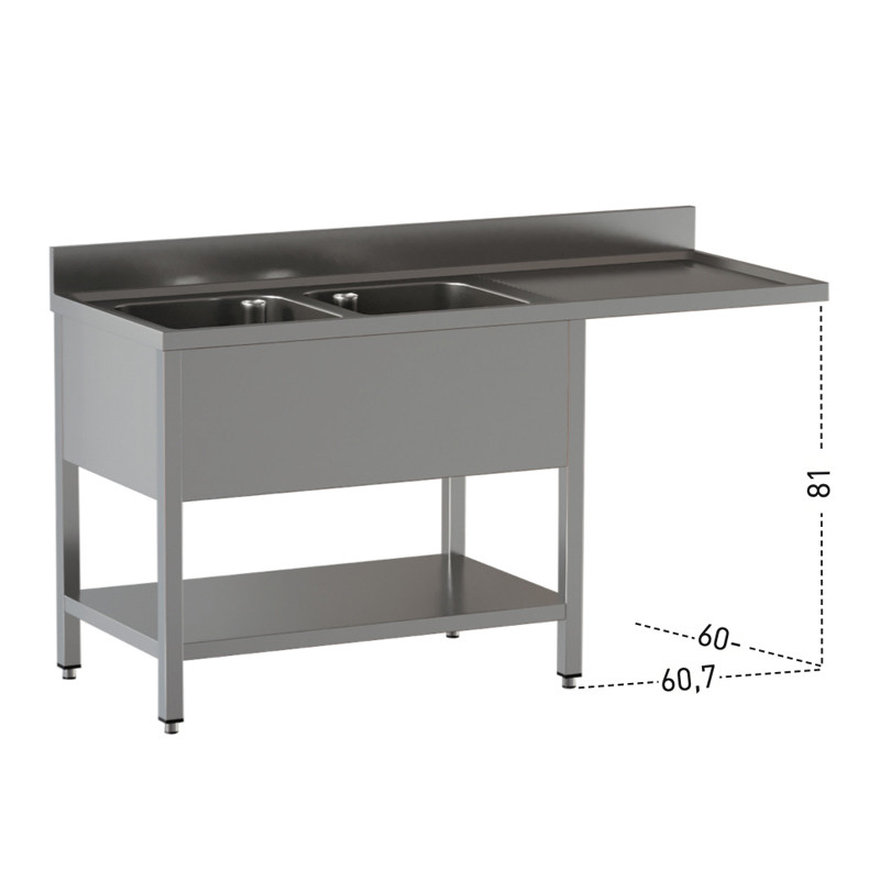 Lavatoio Acciaio Inox due Vasche con Sgocciolatoio a destra su gambe con ripiano inferiore Con vano incasso lavastovoglie Modello DSLG2VLDX207
