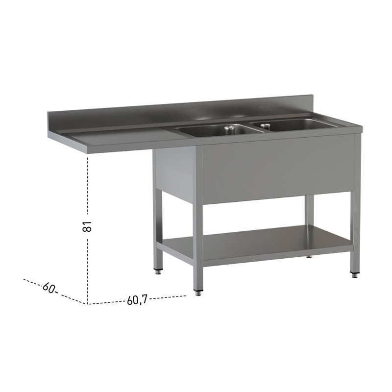 Lavatoio Acciaio Inox due Vasche con Sgocciolatoio a sinistra su gambe con ripiano inferiore Con vano incasso lavastovoglie Modello DSLG2VLSX207