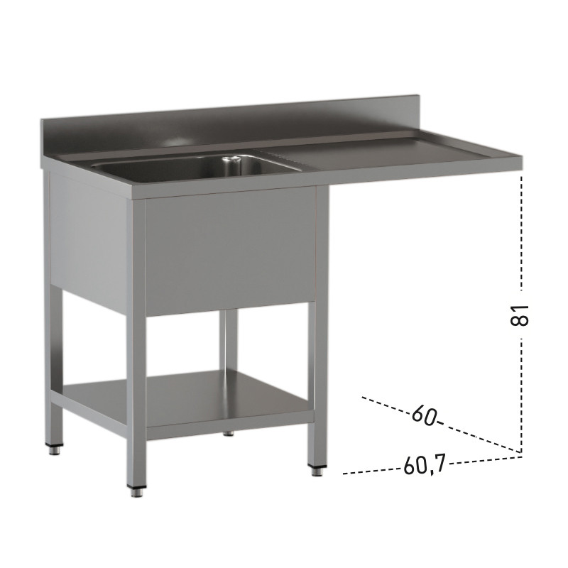 Lavatoio Acciaio Inox Una Vasca con Sgocciolatoio a destra su gambe con ripiano inferiore Con vano incasso lavastovoglie Modello DSLGLDX147
