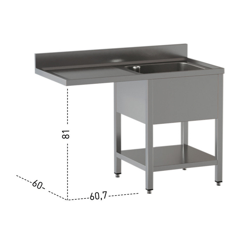 Lavatoio Acciaio Inox Una Vasca con Sgocciolatoio a sinistra su gambe con ripiano inferiore Con vano incasso lavastovoglie Modello DSLGLSX147
