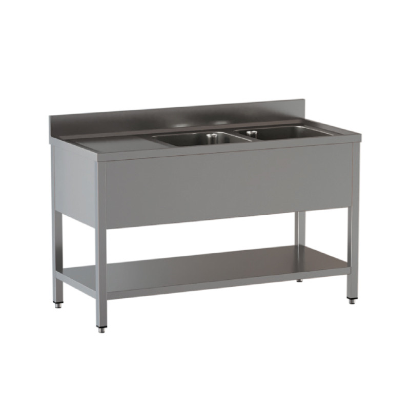 Lavatoio Acciaio Inox Due Vasche con Sgocciolatoio a sinistra su gambe con ripiano inferiore Modello DSLG2VGSX157