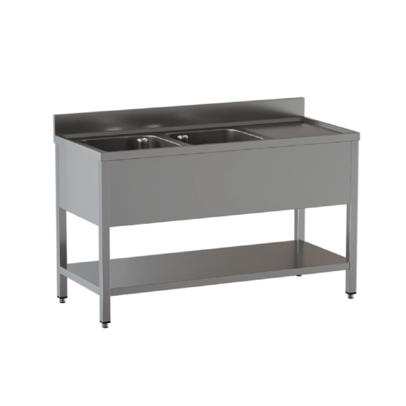 Lavatoio Acciaio Inox Due Vasche con Sgocciolatoio a destra su gambe con ripiano inferiore Modello DSLG2VGDX157
