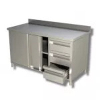 Tavolo Armadiato Inox con porte scorrevoli con alzatina con cassettiera a destra Modello DSTA3CDE207A